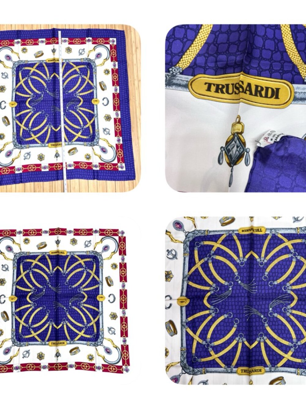 New- Beautiful Trussardi 100% silk Scarf satin 35" Purple Blue White Gold (17 - Picture 10 of 16